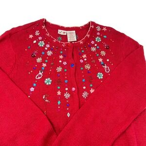 Red Sequin Ornament Holiday Christmas Cardigan Sweater Women's Large 12-14